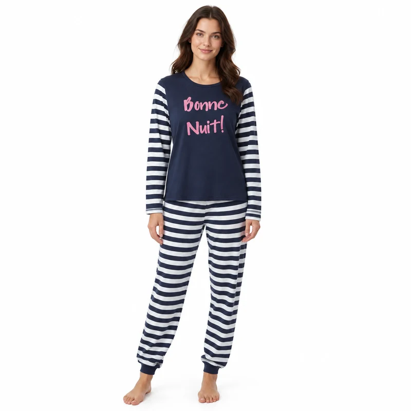 Damen-Pyjama-Set mit marineblauen Streifen und langen Ärmeln