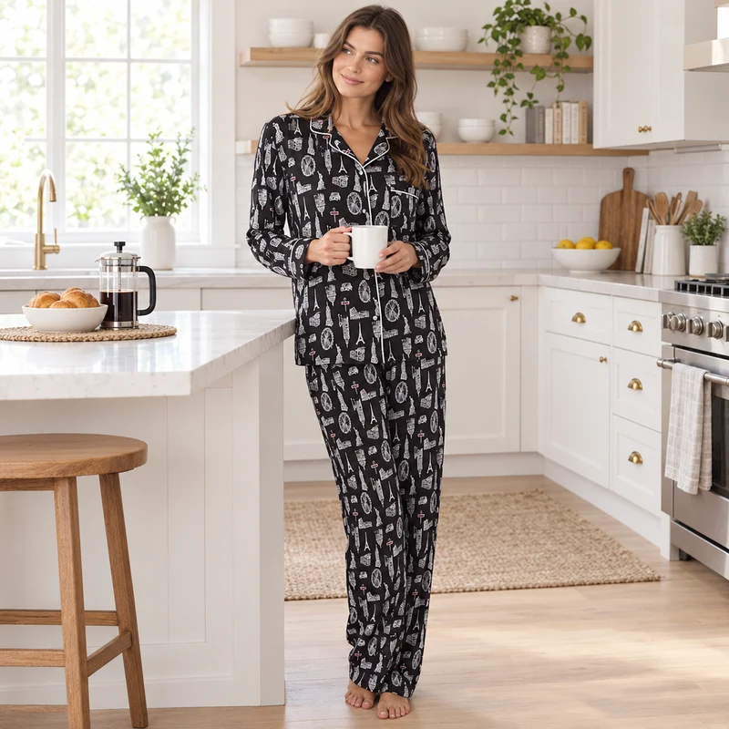 Damen-Satin-Pyjama, langärmelig, Nachtwäsche-Set, Loungewear-Set mit Stadtmuster