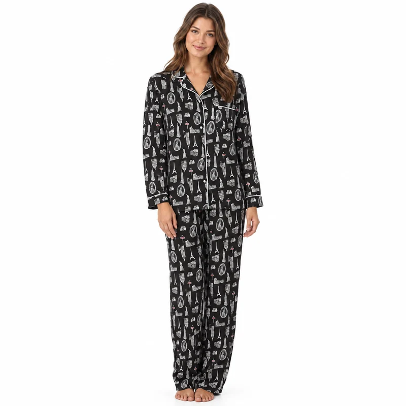 Damen-Satin-Pyjama, langärmelig, Nachtwäsche-Set, Loungewear-Set mit Stadtmuster