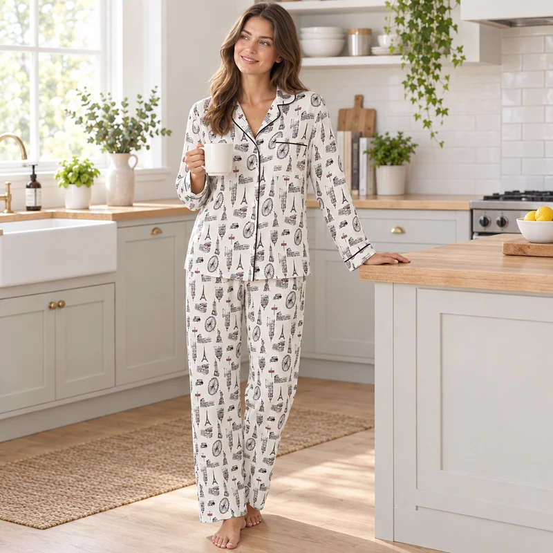 Damen-Satin-Pyjama, langärmelig, Nachtwäsche-Set, Loungewear-Set mit Stadtmuster