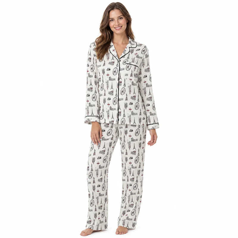 Damen-Satin-Pyjama, langärmelig, Nachtwäsche-Set, Loungewear-Set mit Stadtmuster