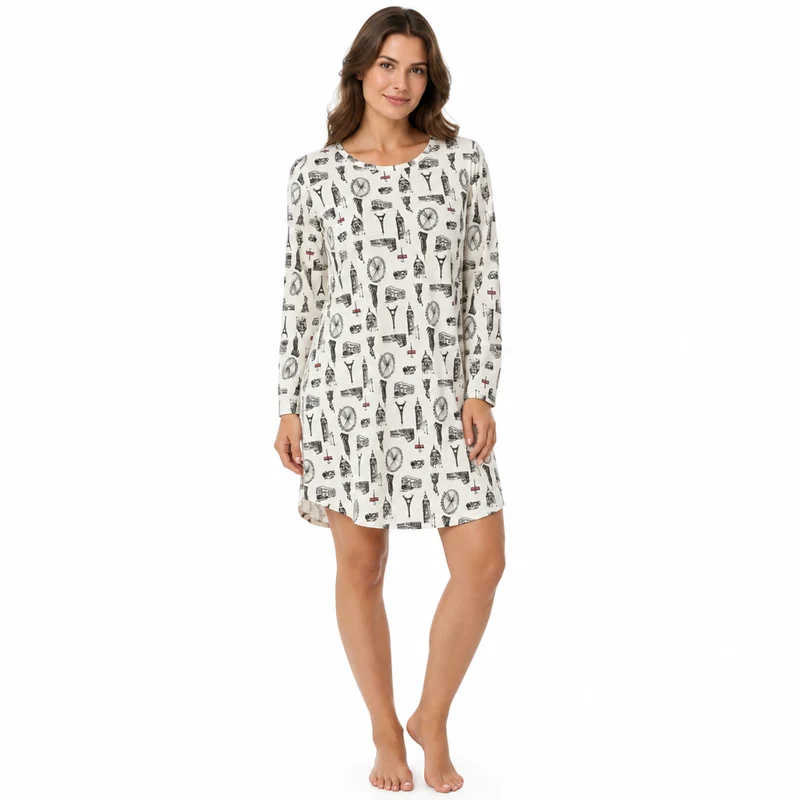Damen-Nachthemd aus Jersey mit langen Ärmeln und Print, Schwarz und Elfenbein
