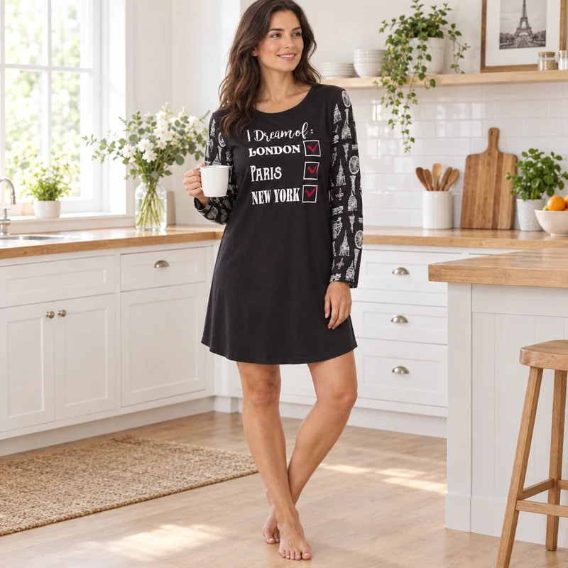 Damen-Nachthemd aus Jersey mit langen Ärmeln und Print, Schwarz und Elfenbein