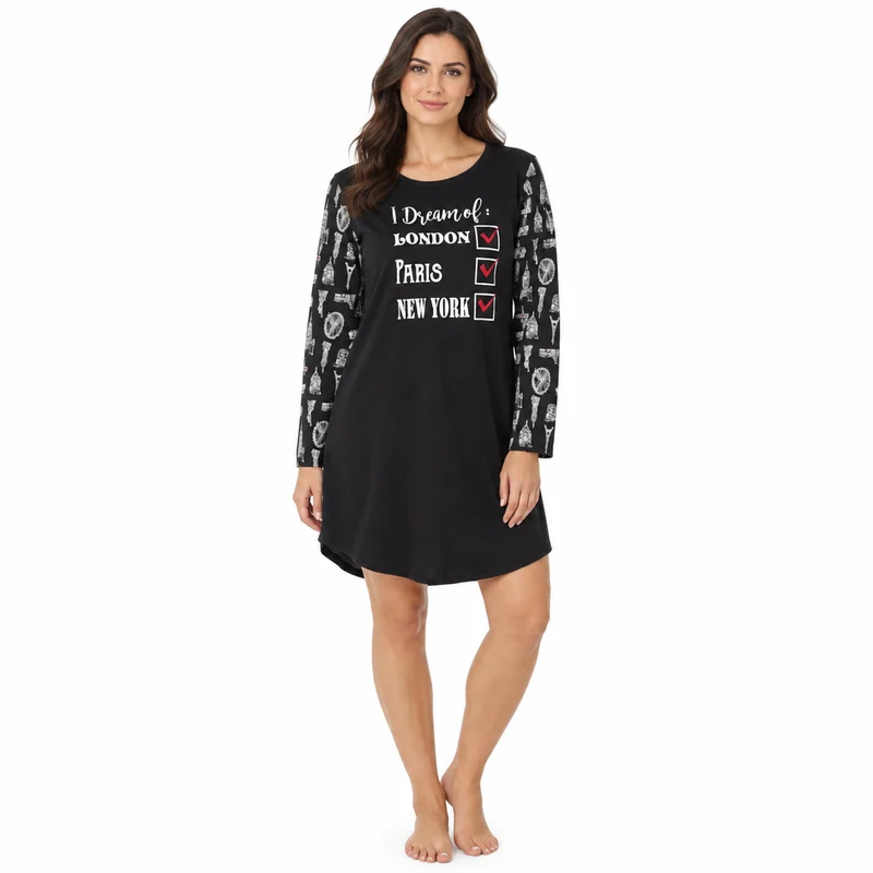 Damen-Nachthemd aus Jersey mit langen Ärmeln und Print, Schwarz und Elfenbein