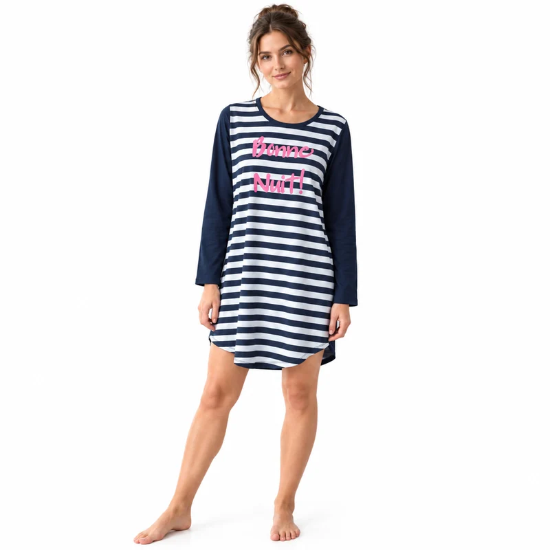 Gestreiftes Damen-Nachthemd aus Jersey mit Frontprint, Marineblau