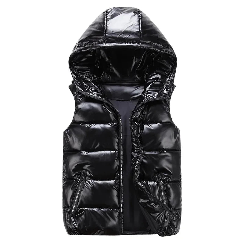 Ärmellose Herren-Winterweste – Modische, glänzende Kapuzenjacke mit Taschen, warme, wattierte Baumwollweste in Rot und Schwarz für den Herbst