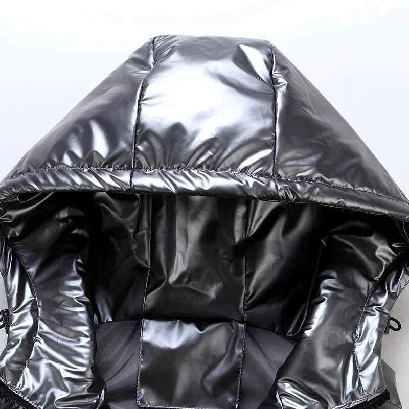Ärmellose Herren-Winterweste – Modische, glänzende Kapuzenjacke mit Taschen, warme, wattierte Baumwollweste in Rot und Schwarz für den Herbst