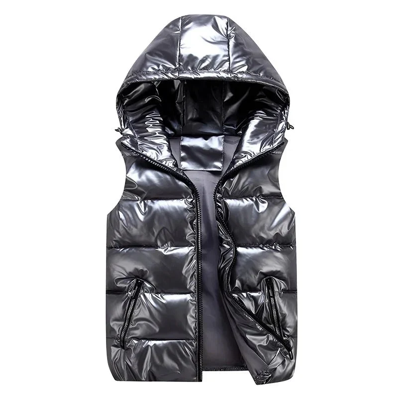 Ärmellose Herren-Winterweste – Modische, glänzende Kapuzenjacke mit Taschen, warme, wattierte Baumwollweste in Rot und Schwarz für den Herbst