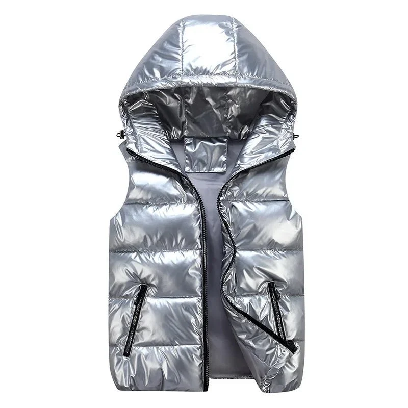 Ärmellose Herren-Winterweste – Modische, glänzende Kapuzenjacke mit Taschen, warme, wattierte Baumwollweste in Rot und Schwarz für den Herbst