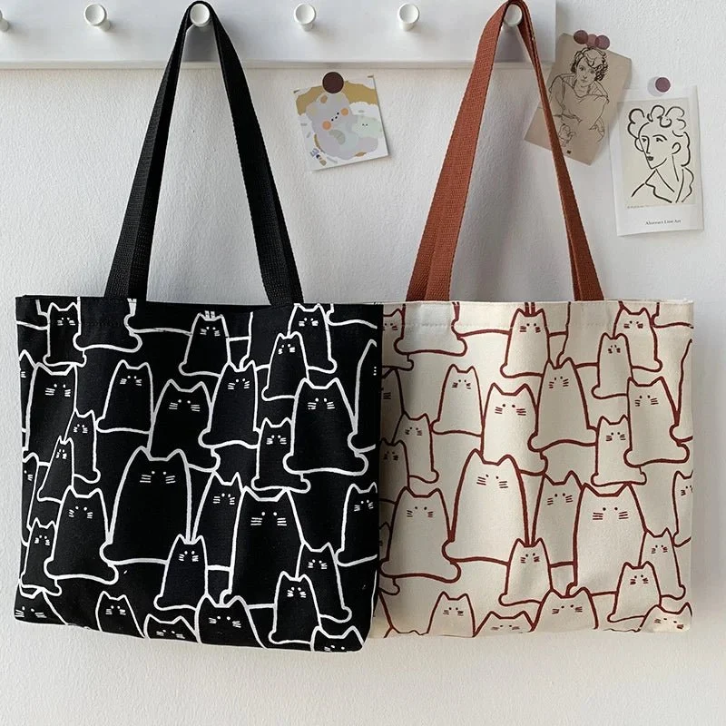 Niedliche Katzen-Tragetasche – Schultertasche aus Canvas im japanischen Stil mit Reißverschluss