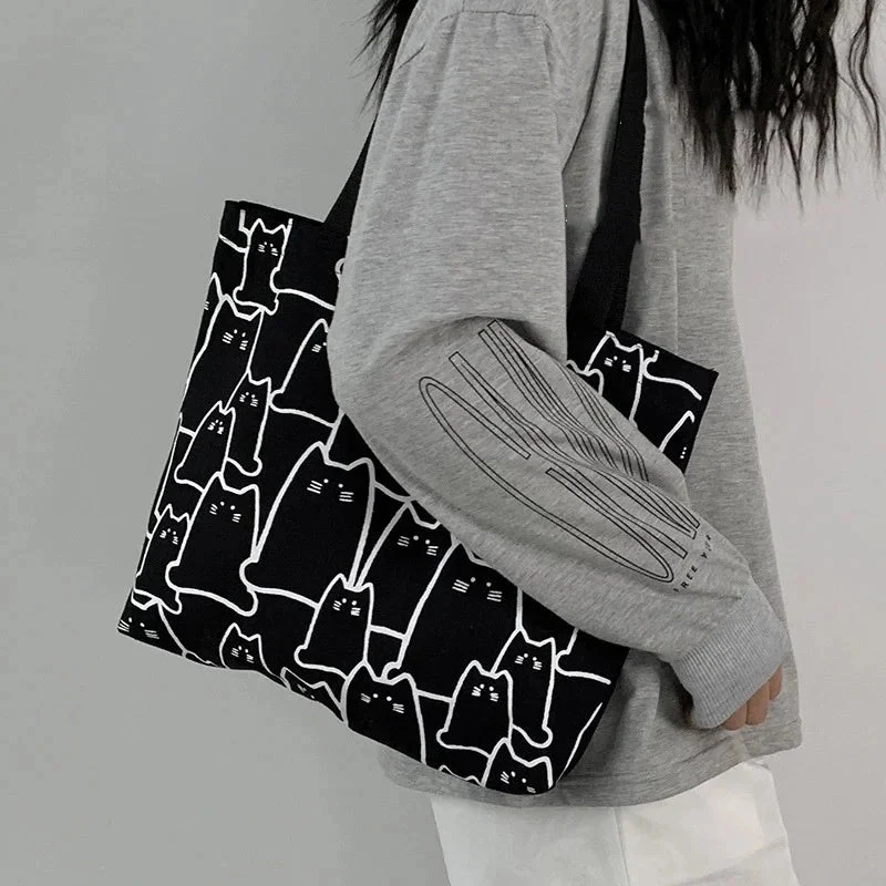 Niedliche Katzen-Tragetasche – Schultertasche aus Canvas im japanischen Stil mit Reißverschluss