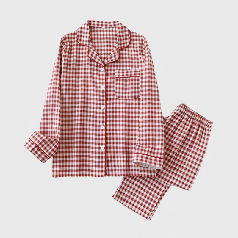 Japanischer karierter Baumwollpyjama für Paare – idealer Komfort für Frühling/Sommer