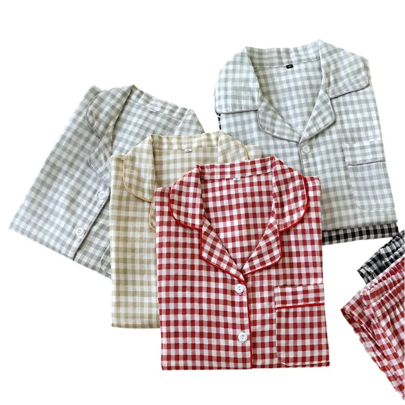 Japanischer karierter Baumwollpyjama für Paare – idealer Komfort für Frühling/Sommer