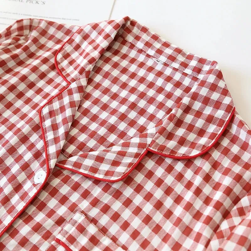 Japanischer karierter Baumwollpyjama für Paare – idealer Komfort für Frühling/Sommer