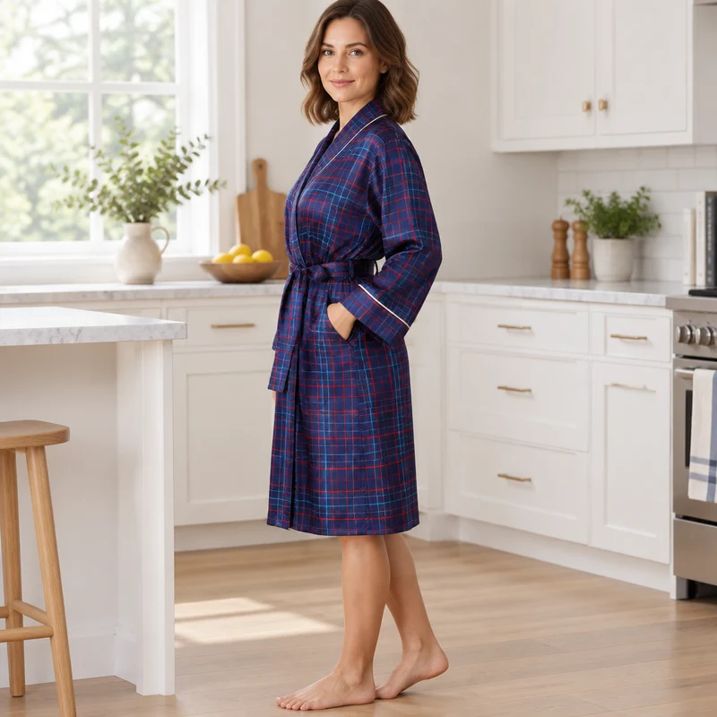 Damen-Kimono-Bademantel aus Satin im marineblau-roten Karomuster