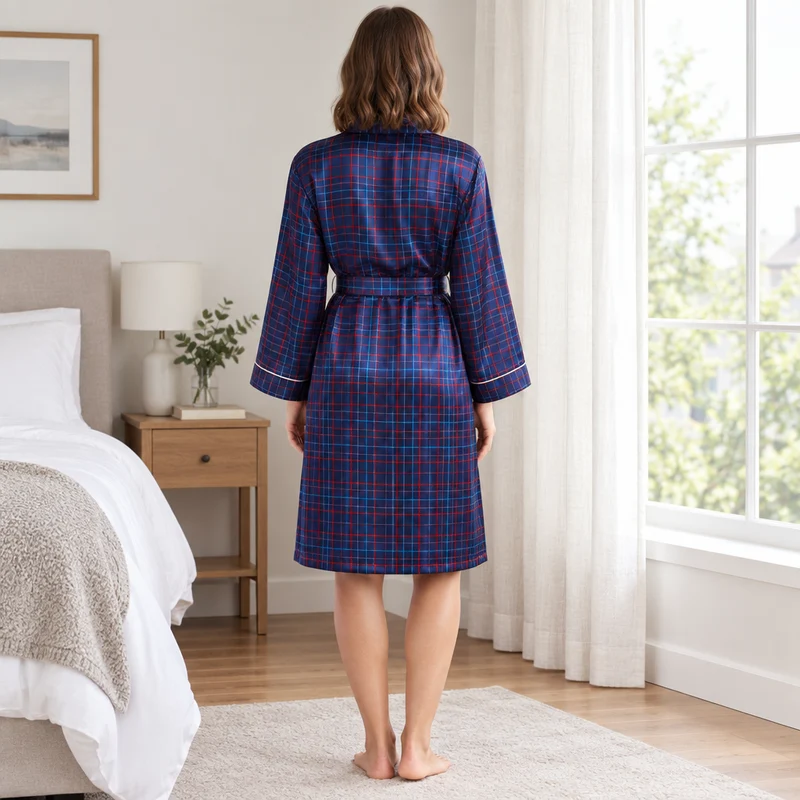 Damen-Kimono-Bademantel aus Satin im marineblau-roten Karomuster