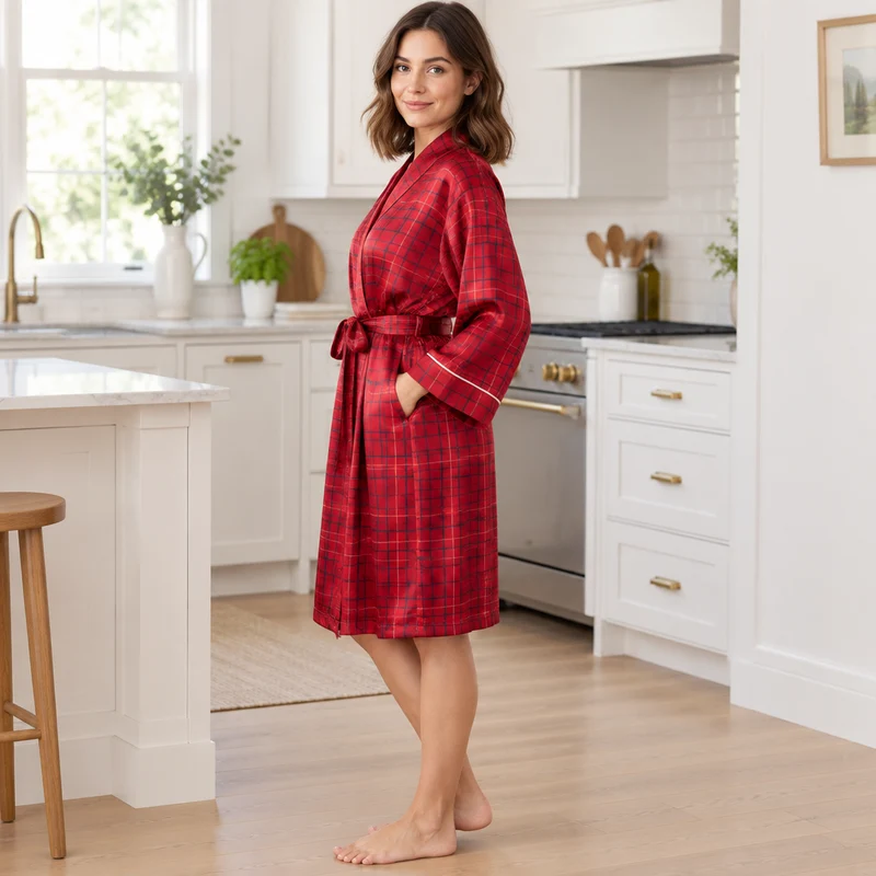 Damen-Kimono-Bademantel aus Satin im marineblau-roten Karomuster