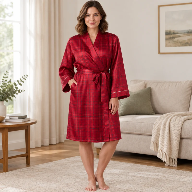 Damen-Kimono-Bademantel aus Satin im marineblau-roten Karomuster