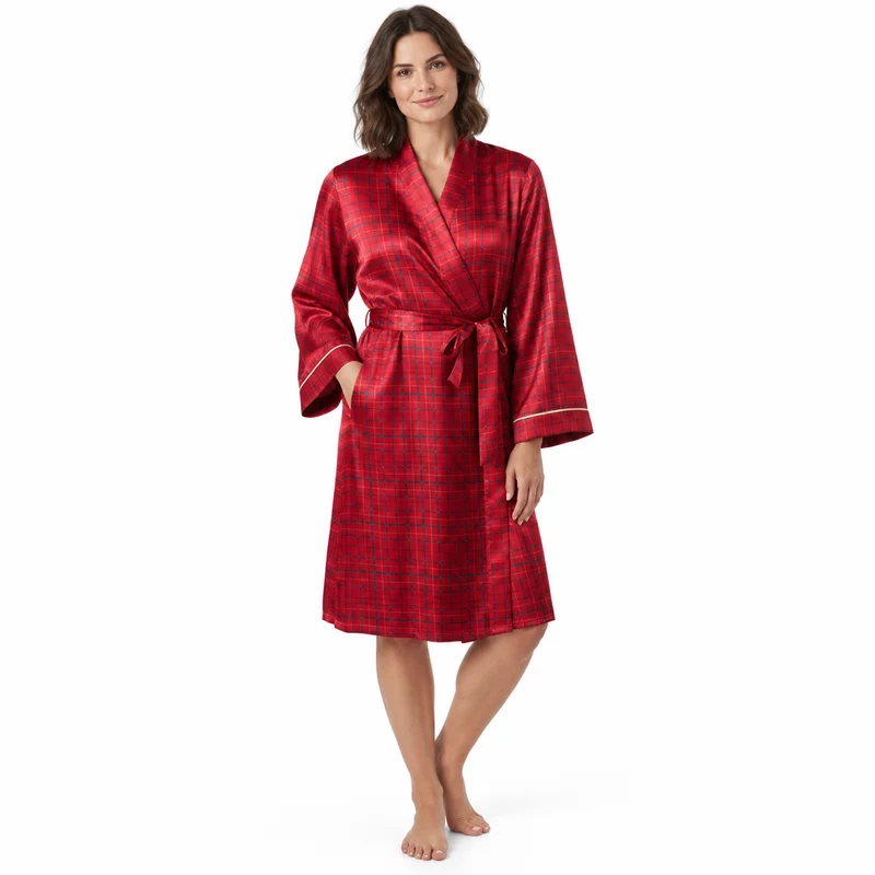 Damen-Kimono-Bademantel aus Satin im marineblau-roten Karomuster