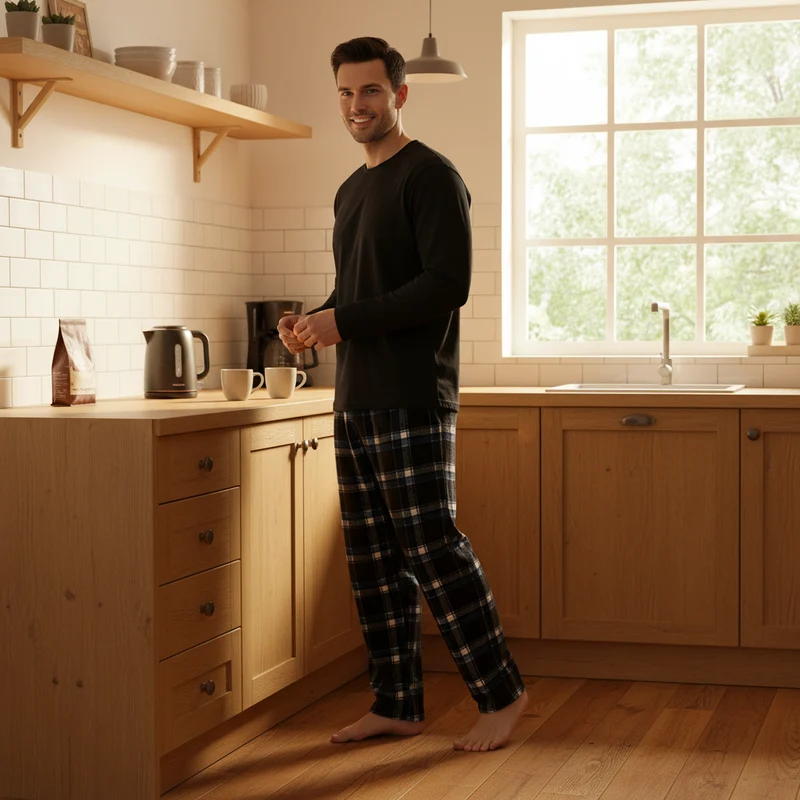 Bequeme Fleece-Loungewear-Hose für Herren – Blau-schwarze Pyjamahose für ultimative Entspannung