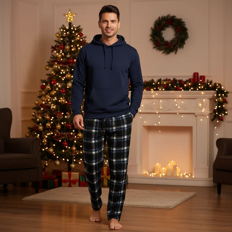 Bequeme Fleece-Loungewear-Hose für Herren – Blau-schwarze Pyjamahose für ultimative Entspannung