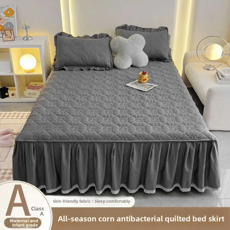 Dreiteiliges, rutschfestes Bettrock-Set aus dicker Baumwolle für Queensize-Betten – Vielseitiger, einfarbiger Bettbezug für alle Jahreszeiten