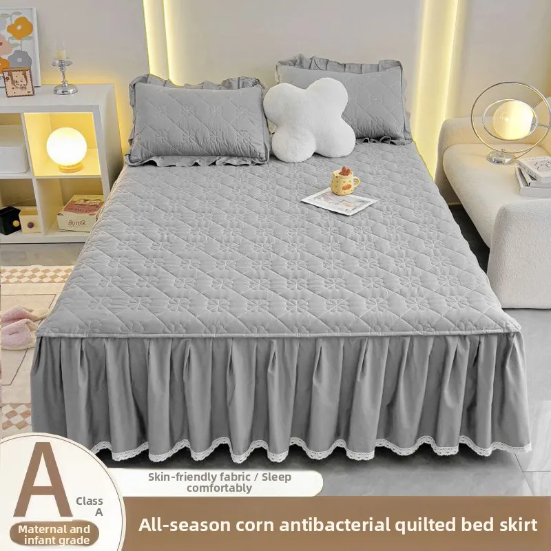 Dreiteiliges, rutschfestes Bettrock-Set aus dicker Baumwolle für Queensize-Betten – Vielseitiger, einfarbiger Bettbezug für alle Jahreszeiten