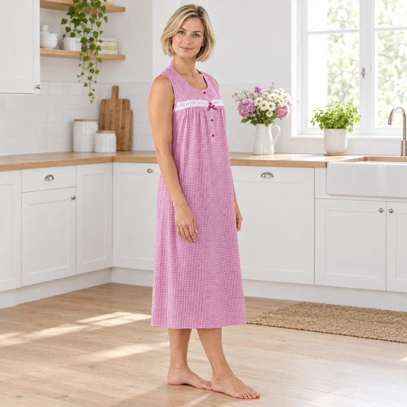 Ärmelloses Nachthemd mit Rundhalsausschnitt, 110 cm lang, in den Farben Bleach Denim und Rotviolett