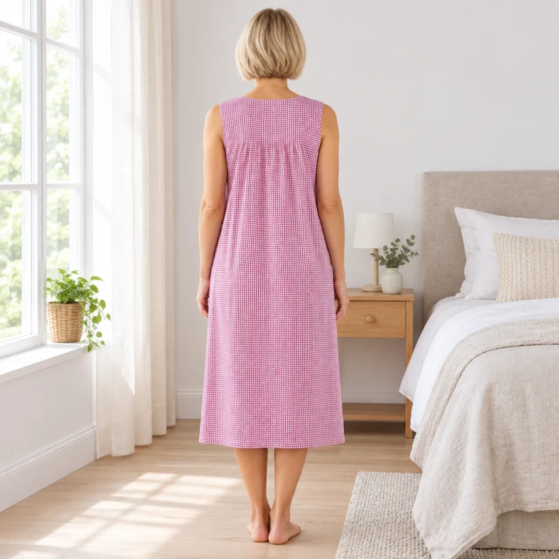 Ärmelloses Nachthemd mit Rundhalsausschnitt, 110 cm lang, in den Farben Bleach Denim und Rotviolett