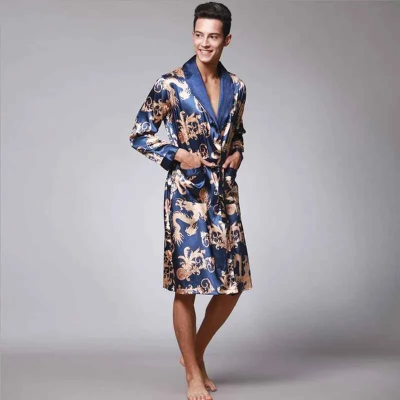 Kimono-Bademantel aus Seidensatin für Herren mit goldenem Drachenmotiv, knielang