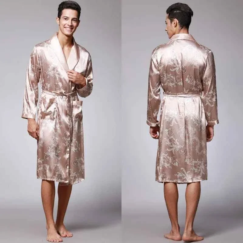 Kimono-Bademantel aus Seidensatin für Herren mit goldenem Drachenmotiv, knielang
