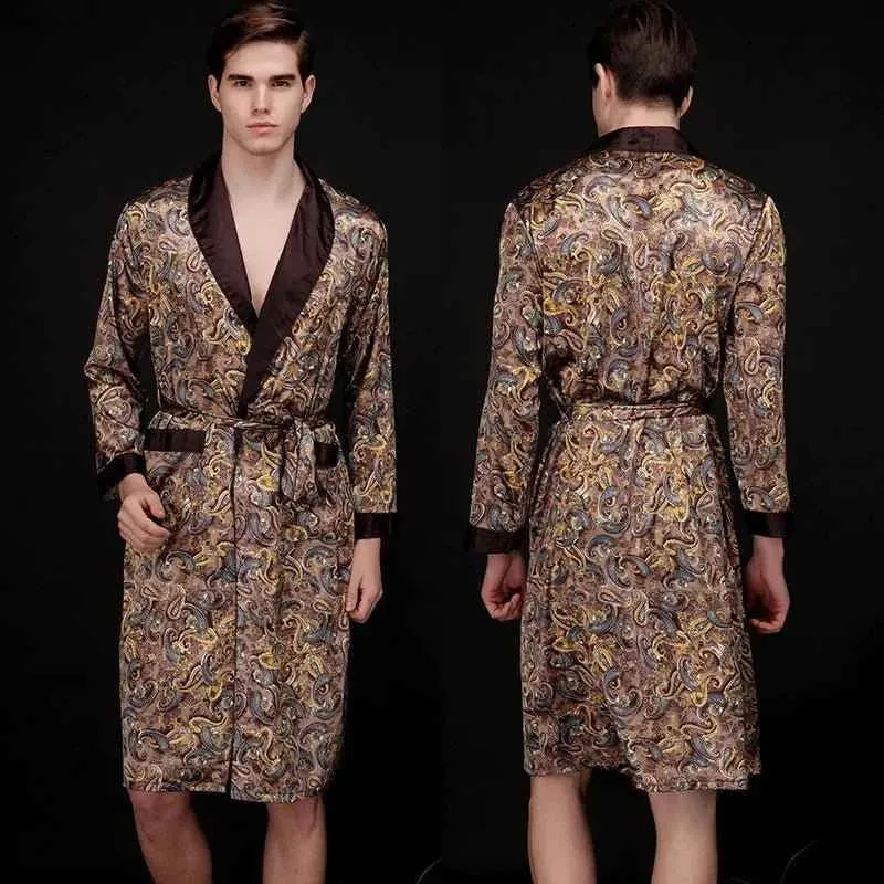 Kimono-Bademantel aus Seidensatin für Herren mit goldenem Drachenmotiv, knielang