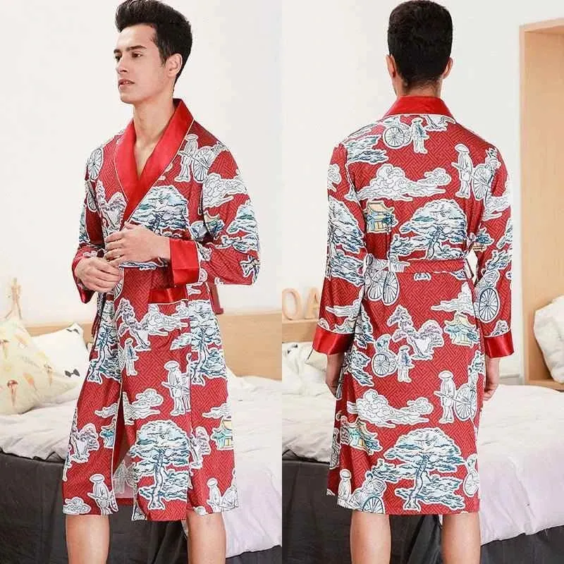 Kimono-Bademantel aus Seidensatin für Herren mit goldenem Drachenmotiv, knielang