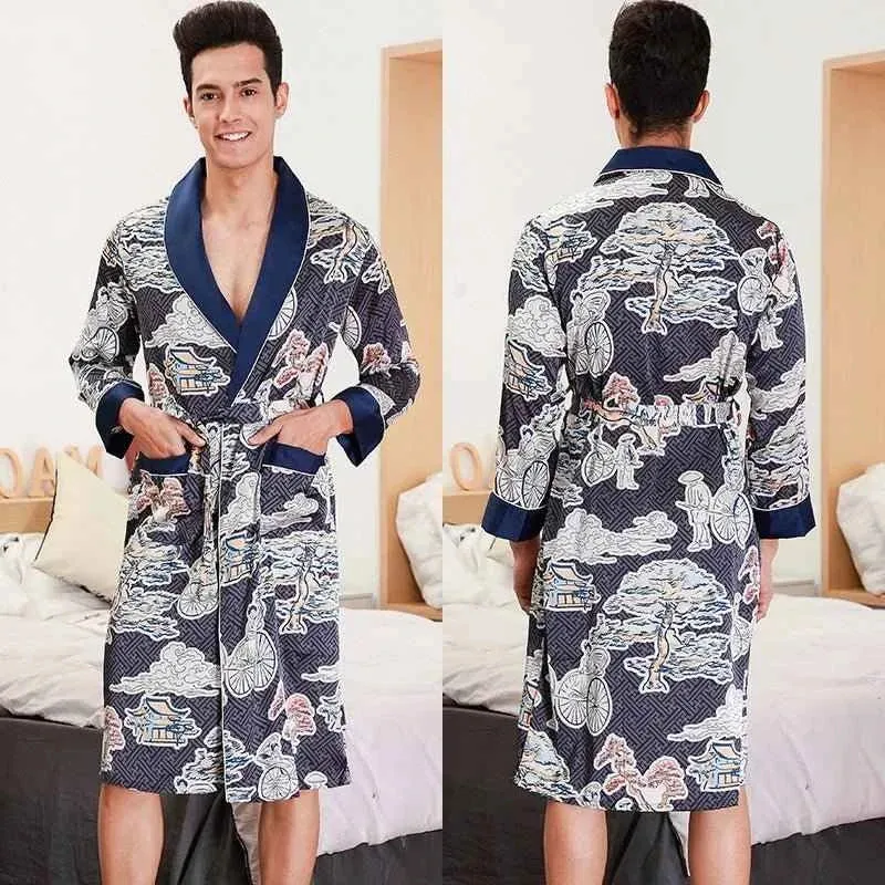 Kimono-Bademantel aus Seidensatin für Herren mit goldenem Drachenmotiv, knielang