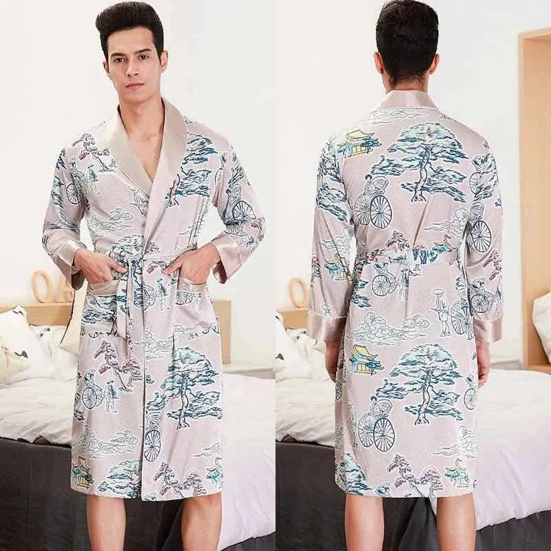 Kimono-Bademantel aus Seidensatin für Herren mit goldenem Drachenmotiv, knielang