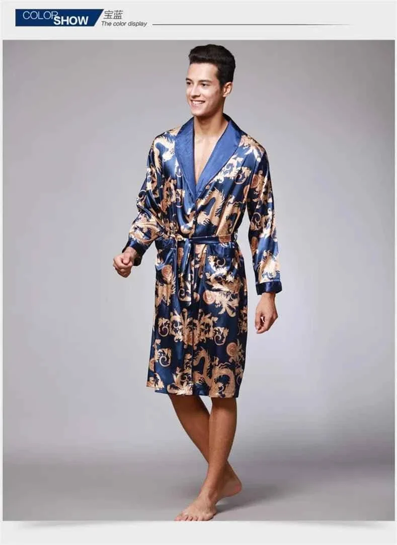 Kimono-Bademantel aus Seidensatin für Herren mit goldenem Drachenmotiv, knielang