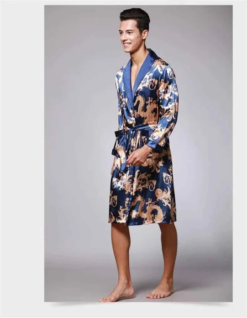 Kimono-Bademantel aus Seidensatin für Herren mit goldenem Drachenmotiv, knielang