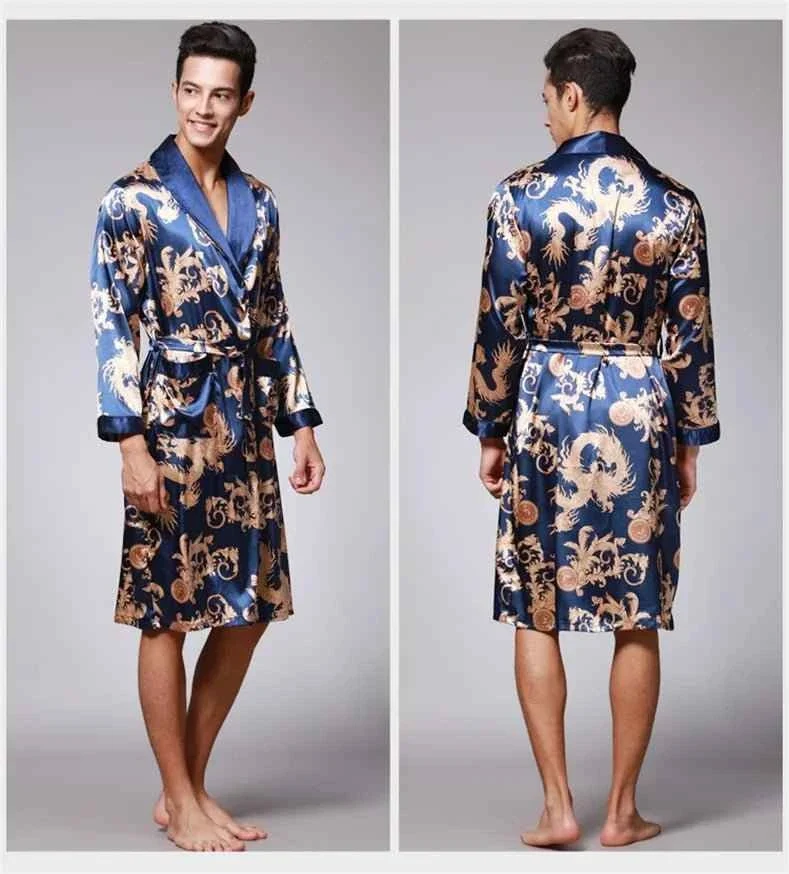 Kimono-Bademantel aus Seidensatin für Herren mit goldenem Drachenmotiv, knielang