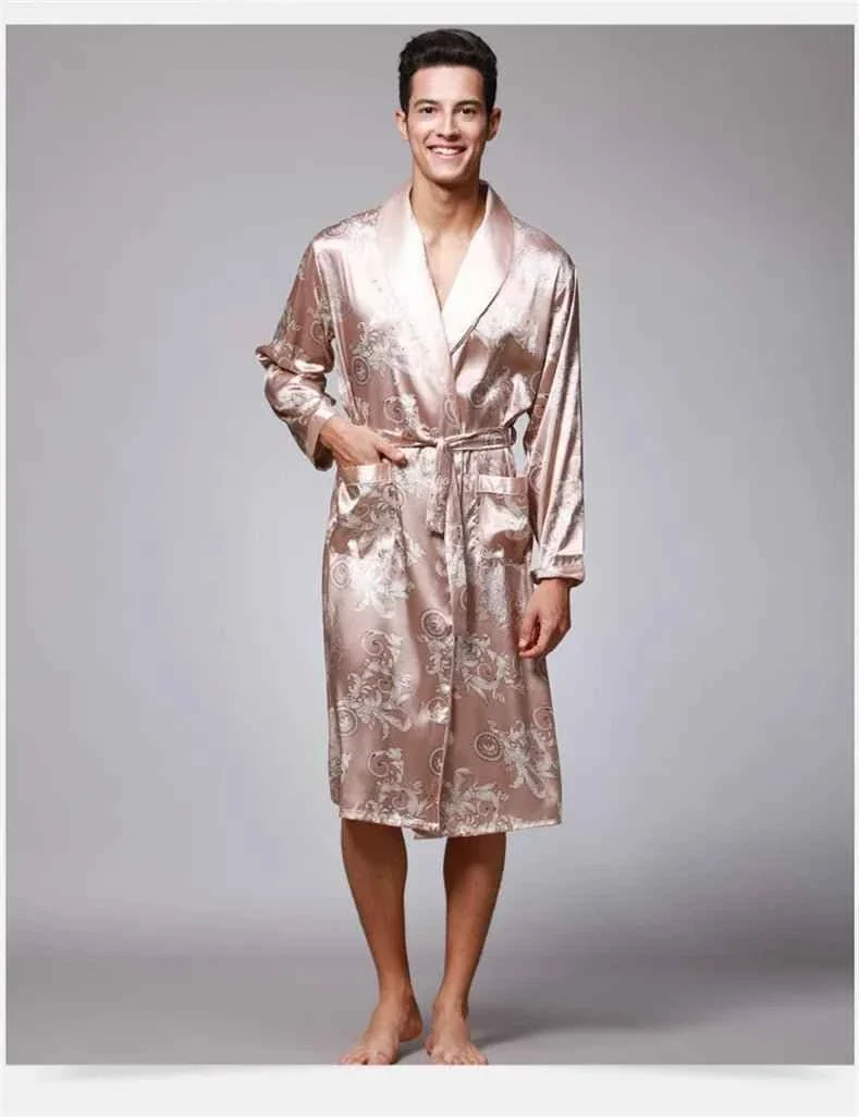 Kimono-Bademantel aus Seidensatin für Herren mit goldenem Drachenmotiv, knielang
