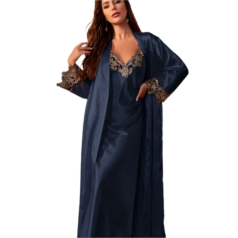 Langes Twinset-Bademantel-Set mit Spitzenbesatz am Nachthemd – Elegante Satin-Hauskleidung