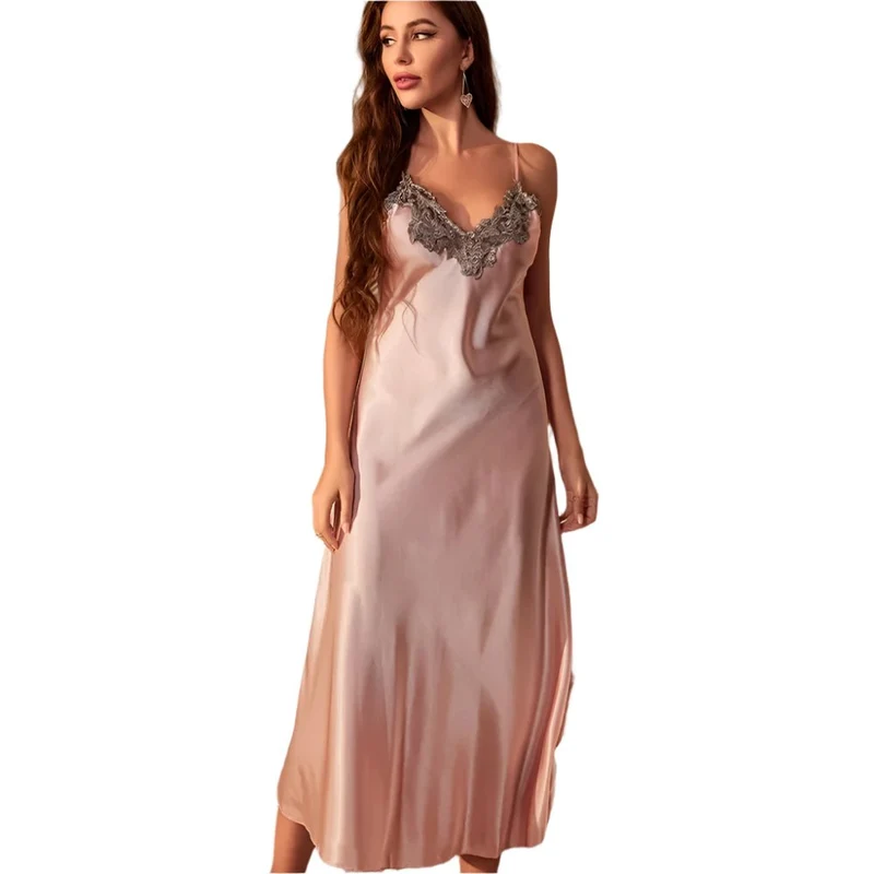 Langes Twinset-Bademantel-Set mit Spitzenbesatz am Nachthemd – Elegante Satin-Hauskleidung