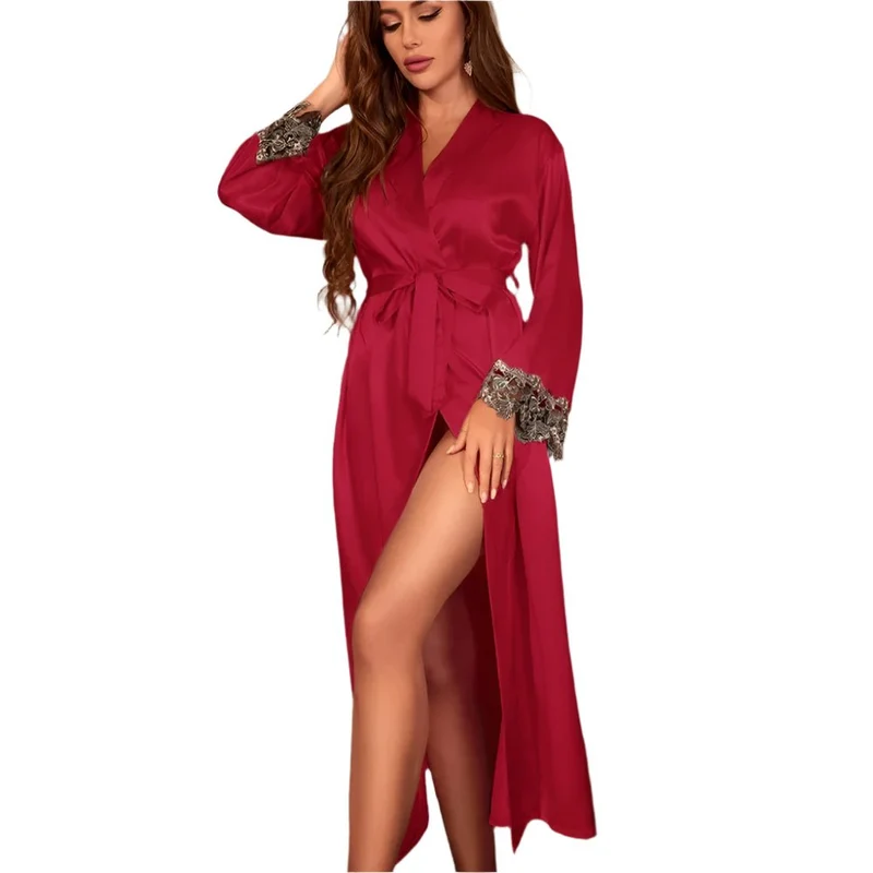 Langes Twinset-Bademantel-Set mit Spitzenbesatz am Nachthemd – Elegante Satin-Hauskleidung