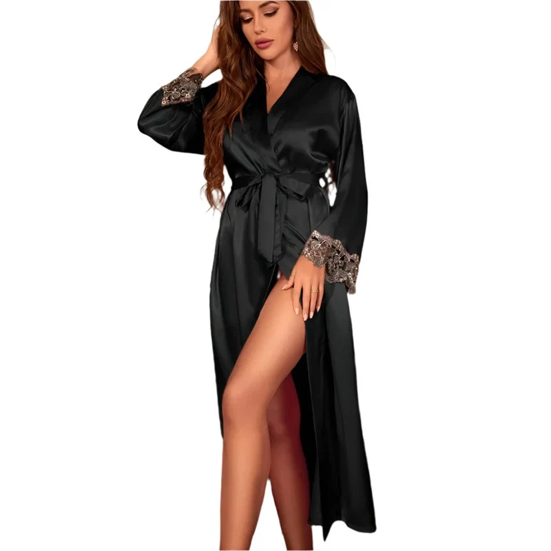 Langes Twinset-Bademantel-Set mit Spitzenbesatz am Nachthemd – Elegante Satin-Hauskleidung