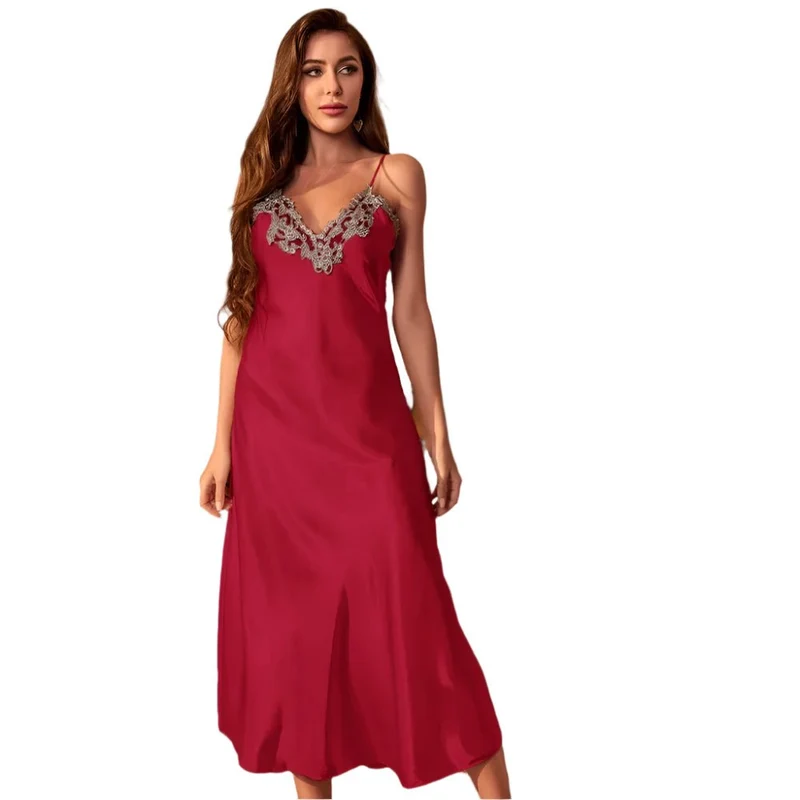 Langes Twinset-Bademantel-Set mit Spitzenbesatz am Nachthemd – Elegante Satin-Hauskleidung