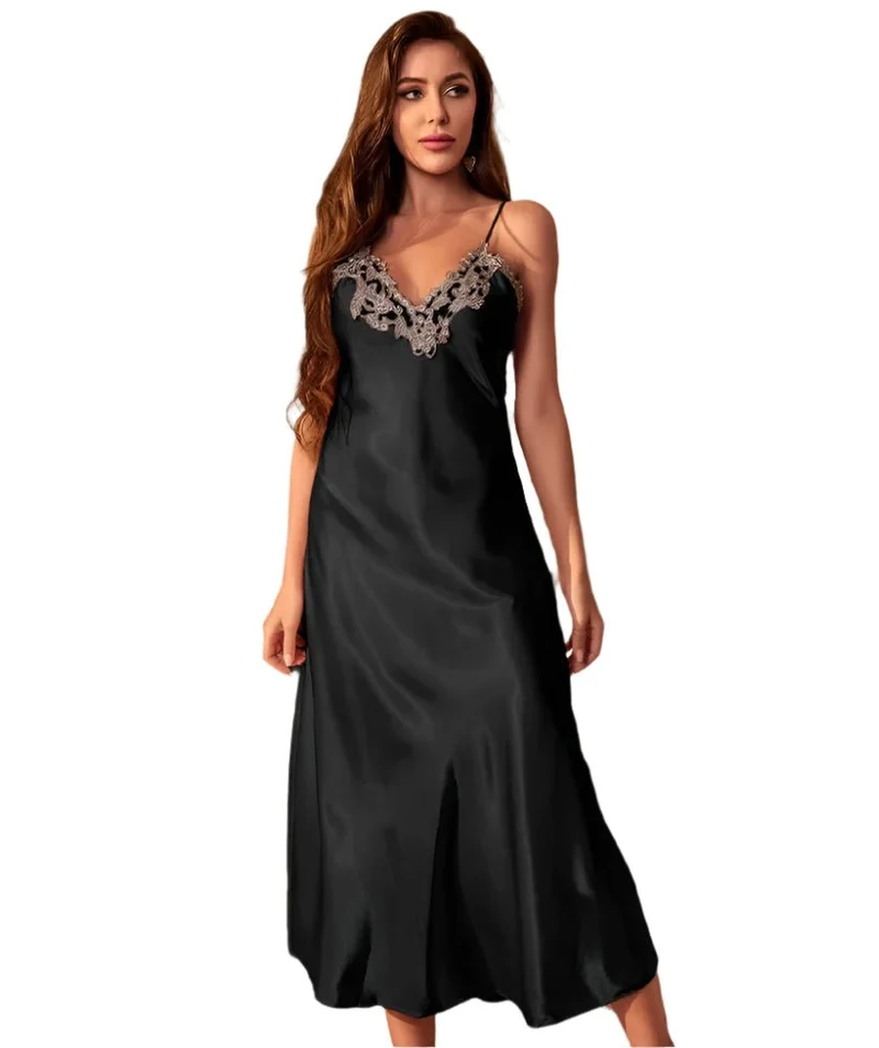 Langes Twinset-Bademantel-Set mit Spitzenbesatz am Nachthemd – Elegante Satin-Hauskleidung