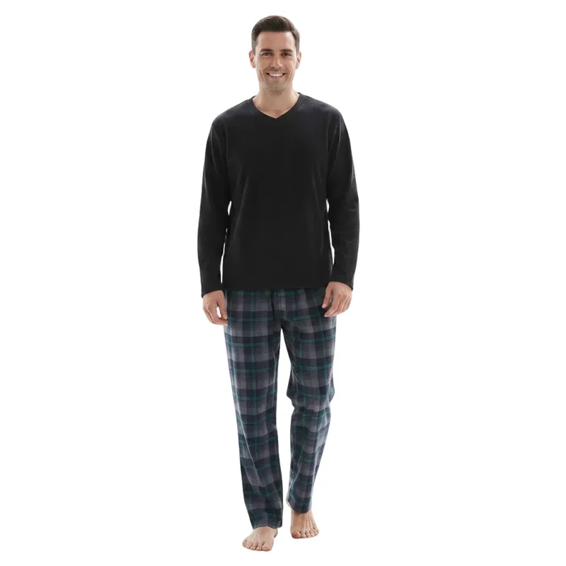 Herren-Pyjama mit Karomuster, Loungewear-Oberteil aus Fleece und Hose aus Baumwolle