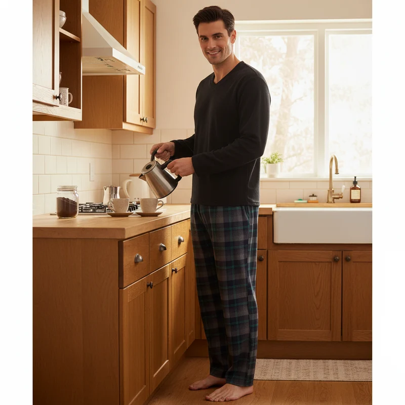 Herren-Pyjama mit Karomuster, Loungewear-Oberteil aus Fleece und Hose aus Baumwolle