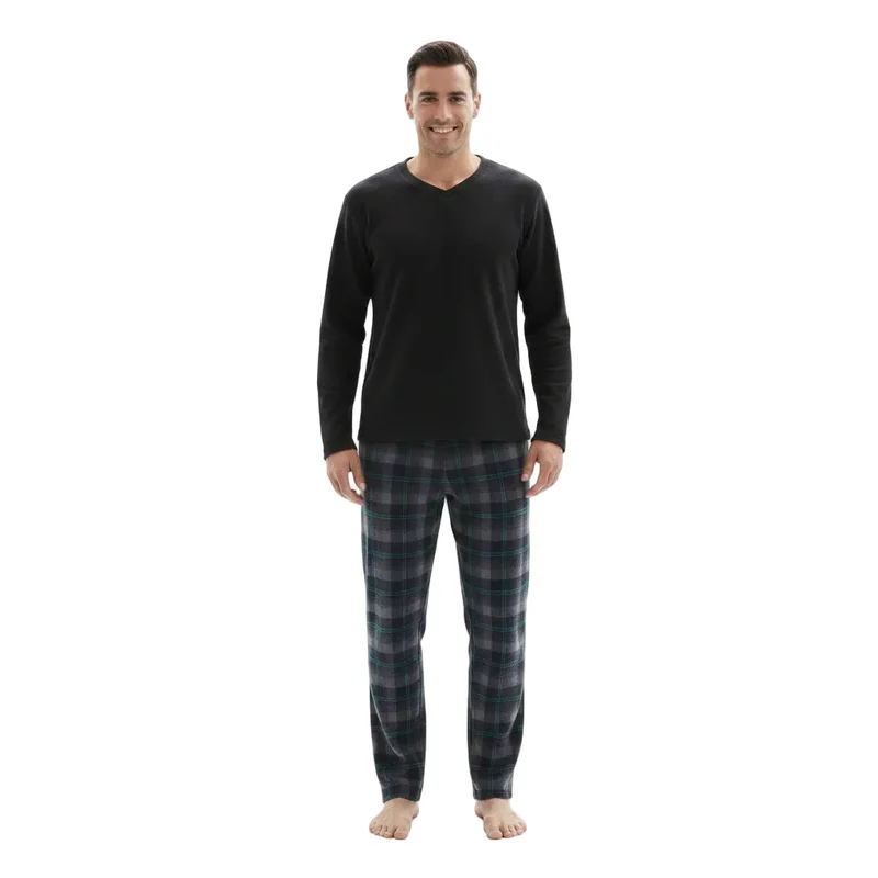 Herren-Pyjama mit Karomuster, Loungewear-Oberteil aus Fleece und Hose aus Baumwolle