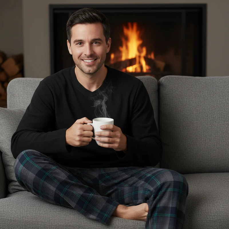 Herren-Pyjama mit Karomuster, Loungewear-Oberteil aus Fleece und Hose aus Baumwolle