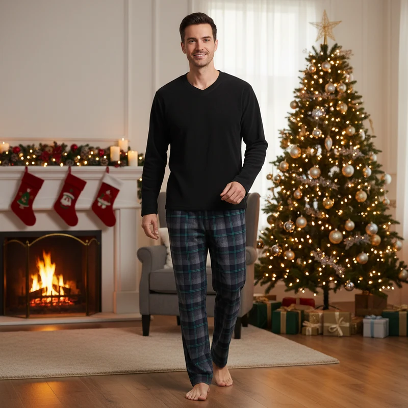 Herren-Pyjama mit Karomuster, Loungewear-Oberteil aus Fleece und Hose aus Baumwolle